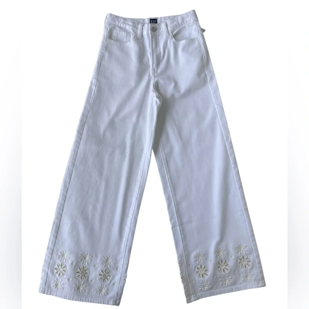GAP Denim Jeans White Girl's 14 Slim Wide Leg Embroidery Adjustable 5 Pocket New